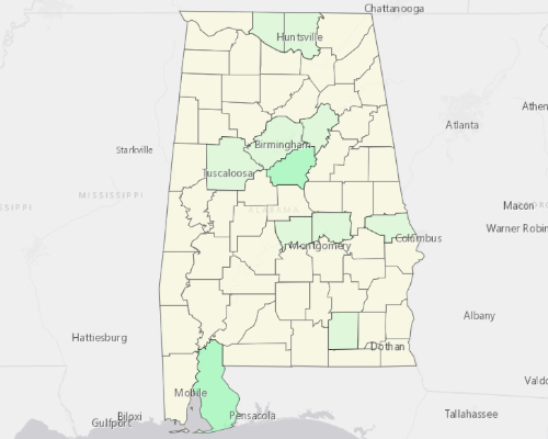 Map illustrating home values in Alabama