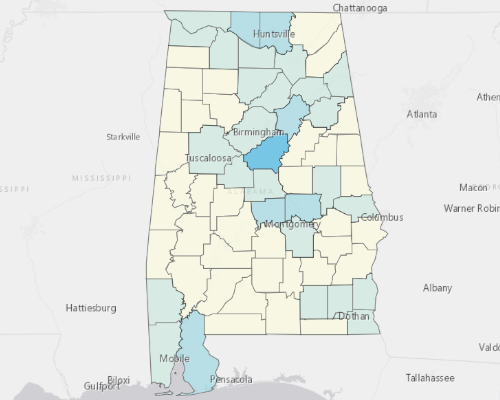 Map depicting areas of Alabama with a higher household income