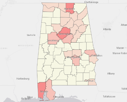 Map showing where the population resides in Alabama
