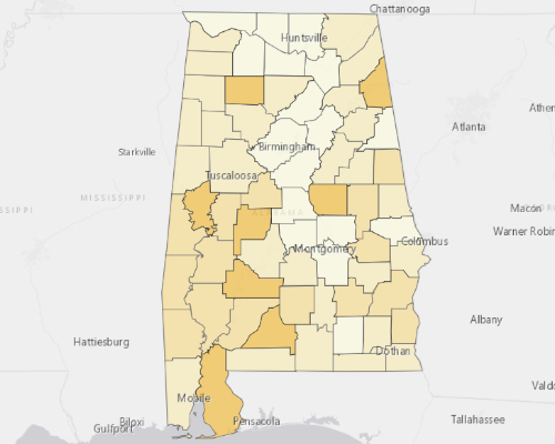 Map of Alabama showing the areas with a higher percentage of vacant property
