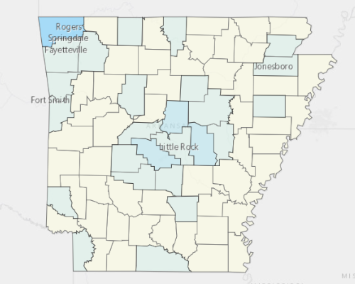 Map depicting areas of Arkansas with a higher household income