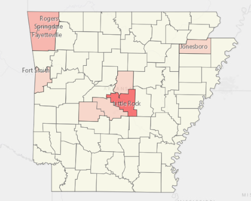 Map showing where the population resides in Arkansas