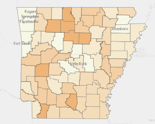 Map of Arkansas showing the areas with a higher percentage of vacant property