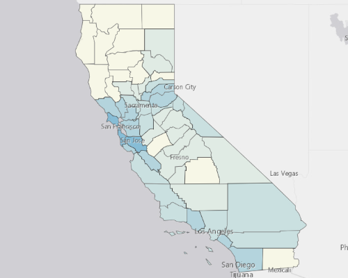 Map depicting areas of California with a higher household income