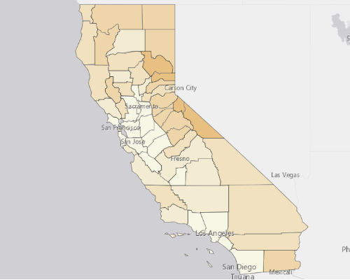 Map of California showing the areas with a higher percentage of vacant property