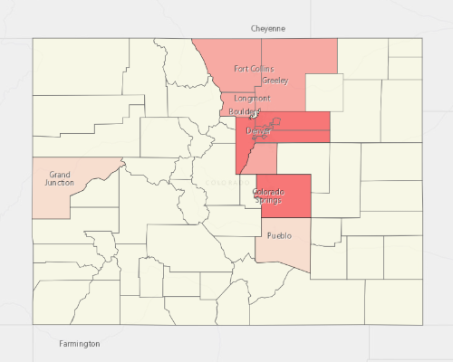 Map showing where the population resides in Colorado