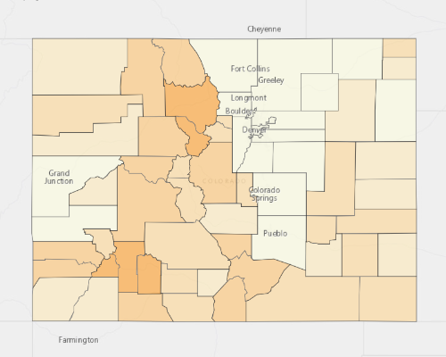 Map of Colorado showing the areas with a higher percentage of vacant property
