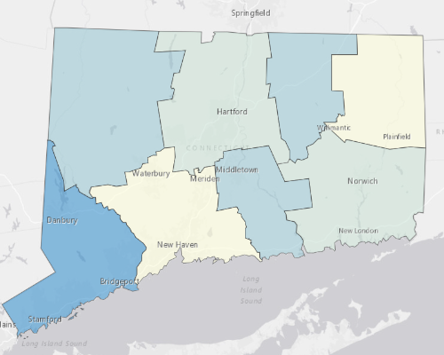Map depicting areas of Connecticut with a higher household income