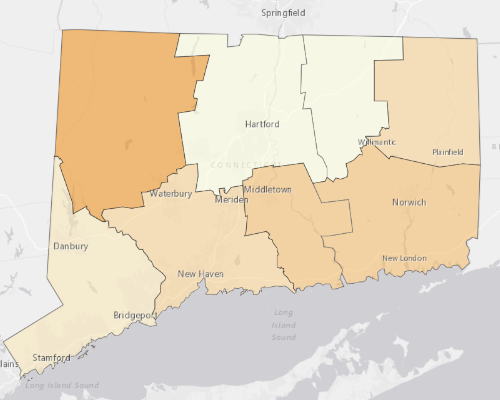 Map of Connecticut showing the areas with a higher percentage of vacant property