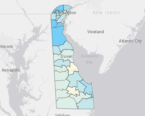 Map depicting areas of Delaware with a higher household income