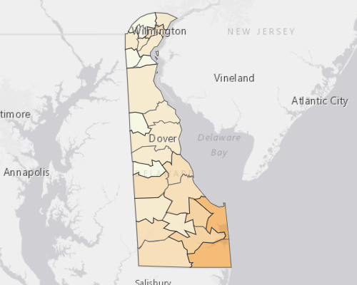 Map of Delaware showing the areas with a higher percentage of vacant property