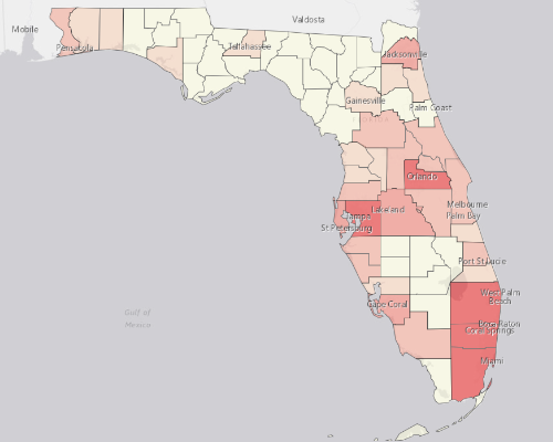 Map showing where the population resides in Florida