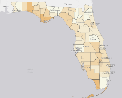 Map of Florida showing the areas with a higher percentage of vacant property