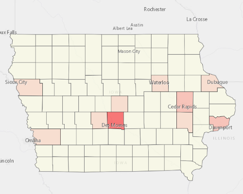 Map showing where the population resides in Iowa