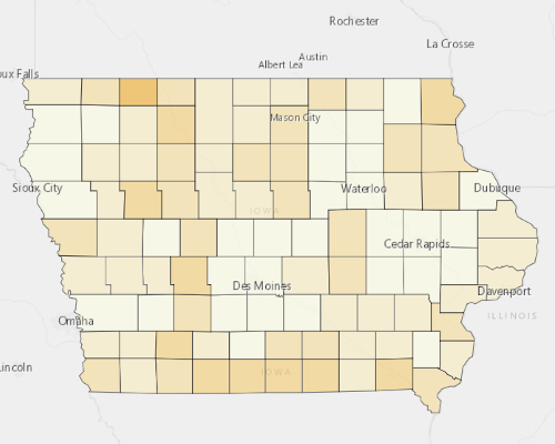 Map of Iowa showing the areas with a higher percentage of vacant property