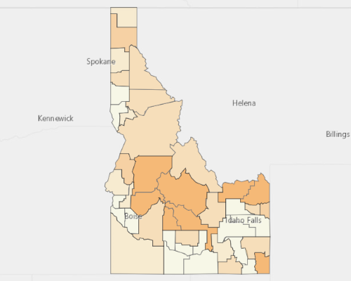 Map of Idaho showing the areas with a higher percentage of vacant property