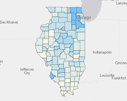 Map depicting areas of Illinois with a higher household income