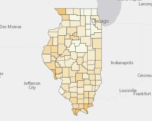 Map of Illinois showing the areas with a higher percentage of vacant property