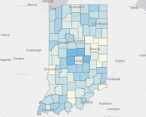 Map depicting areas of Indiana with a higher household income