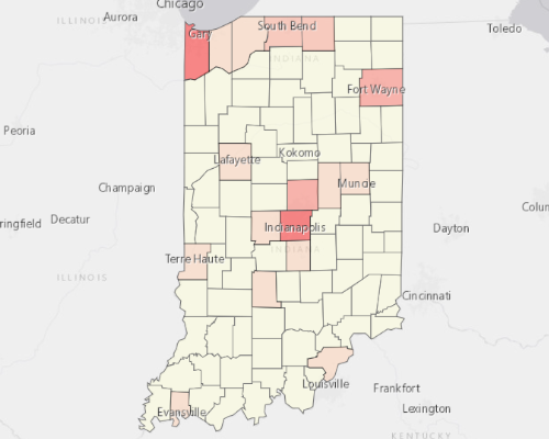 Map showing where the population resides in Indiana