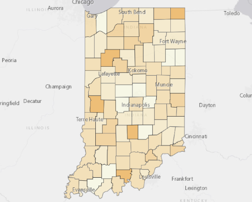 Map of Indiana showing the areas with a higher percentage of vacant property