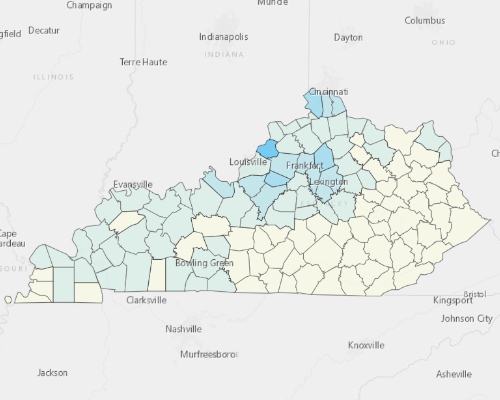 Map depicting areas of Kentucky with a higher household income