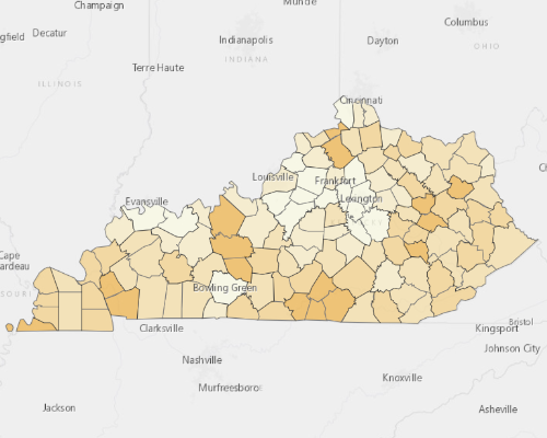 Map of Kentucky showing the areas with a higher percentage of vacant property