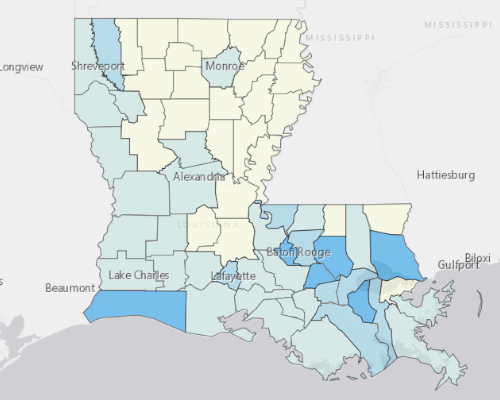 Map depicting areas of Louisiana with a higher household income