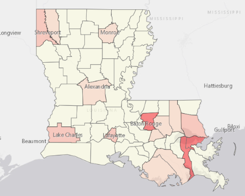 Map showing where the population resides in Louisiana
