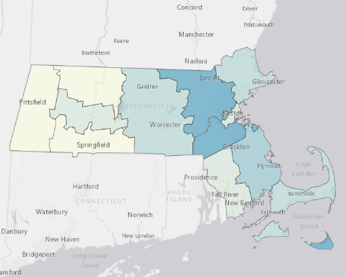 Map depicting areas of Massachusetts with a higher household income