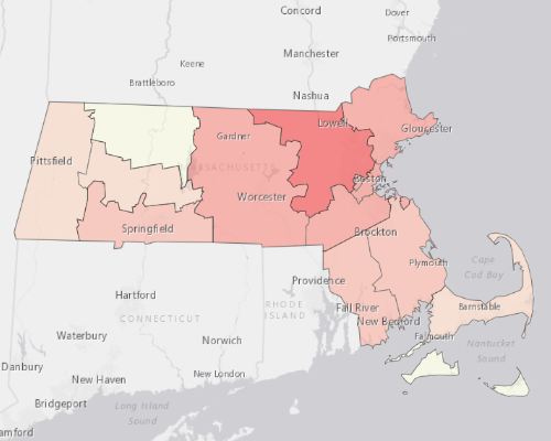 Map showing where the population resides in Massachusetts
