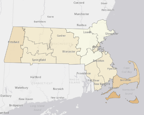 Map of Massachusetts showing the areas with a higher percentage of vacant property