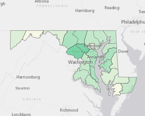 Map illustrating home values in Maryland