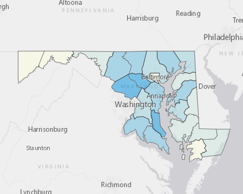 Map depicting areas of Maryland with a higher household income
