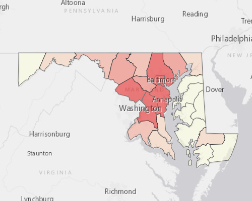 Map showing where the population resides in Maryland