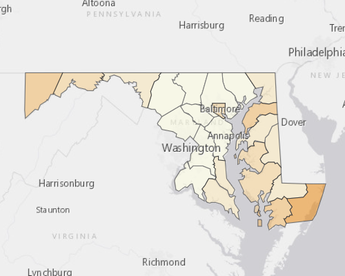 Map of Maryland showing the areas with a higher percentage of vacant property