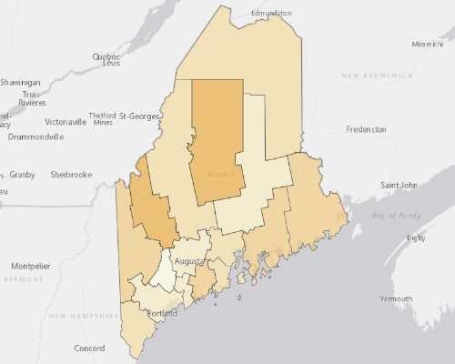 Map of Maine showing the areas with a higher percentage of vacant property