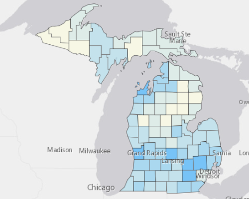 Map depicting areas of Michigan with a higher household income
