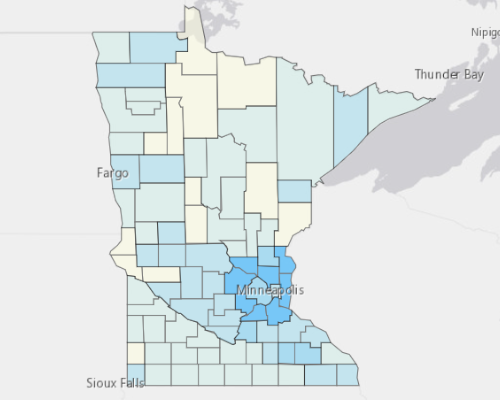 Map depicting areas of Minnesota with a higher household income