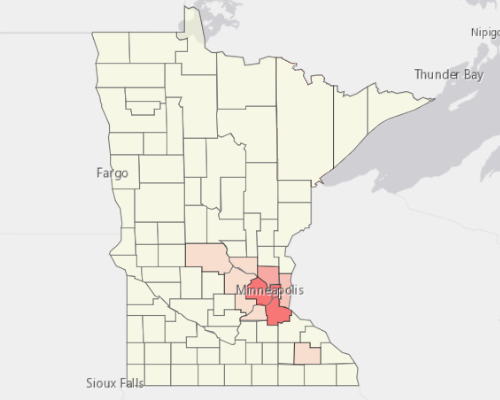 Map showing where the population resides in Minnesota