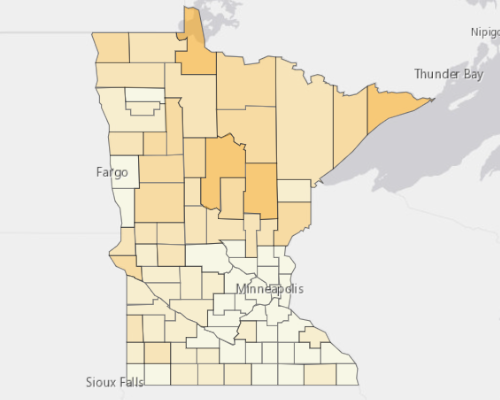 Map of Minnesota showing the areas with a higher percentage of vacant property
