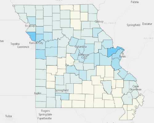 Map depicting areas of Missouri with a higher household income