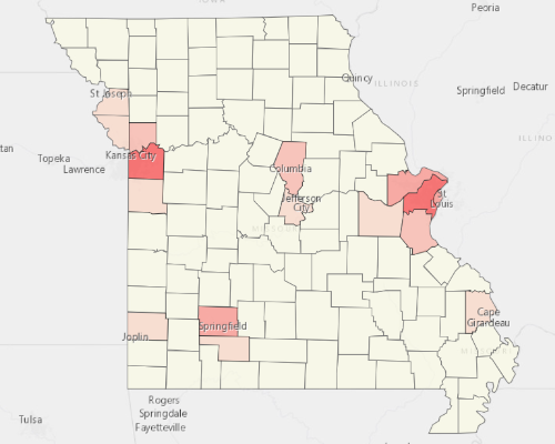 Map showing where the population resides in Missouri