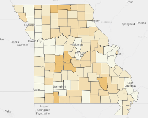 Map of Missouri showing the areas with a higher percentage of vacant property