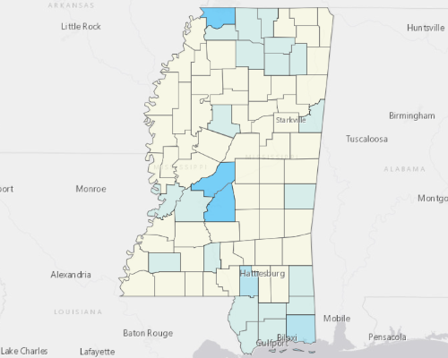 Map depicting areas of Mississippi with a higher household income