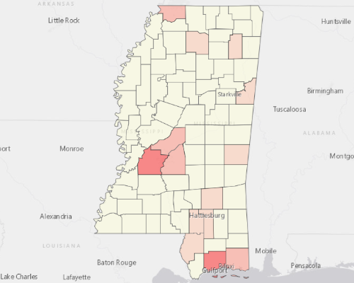 Map showing where the population resides in Mississippi