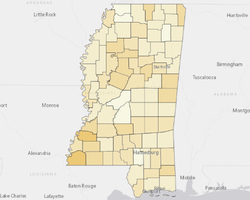 Map of Mississippi showing the areas with a higher percentage of vacant property