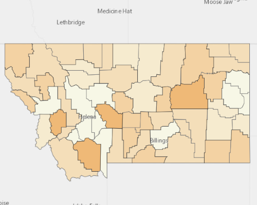 Map of Montana showing the areas with a higher percentage of vacant property