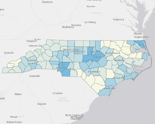 Map depicting areas of North Carolina with a higher household income
