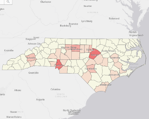 Map showing where the population resides in North Carolina